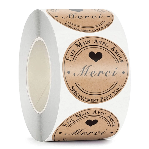 Vintage Kraft Paper Merci Thank You Stickers French Heart Pattern Decorative Labels For Wedding Baking Gift Envelope Sealing