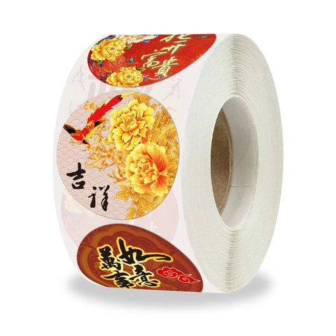 Traditional Chinese New Year Stickers Round Peony Phoenix Floral Sealing Labels For Gift Decoration DIY Craft Packing