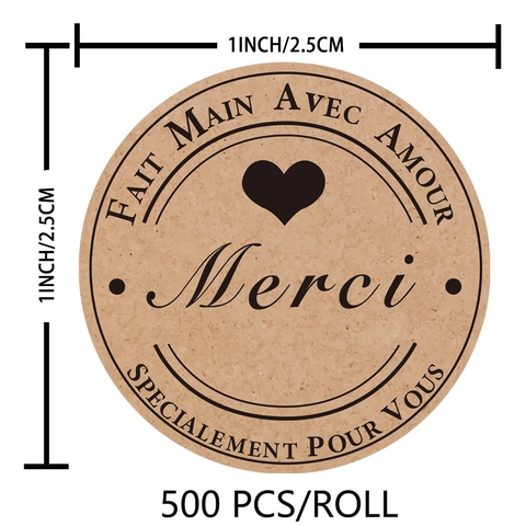 Vintage Kraft Paper Merci Thank You Stickers French Heart Pattern Decorative Labels For Wedding Baking Gift Envelope Sealing