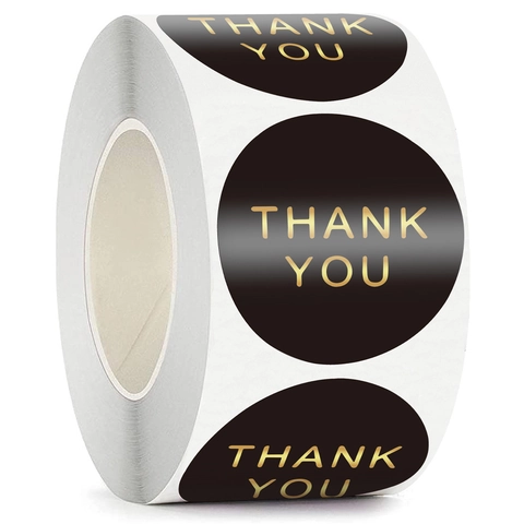 Etichette Adesive Thank You in Foglia d'Oro Rotolo Nero Tondo Adesivi Sigillanti Decorativi per Confezioni Regalo Matrimonio Festa Affari Cancelleria