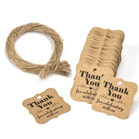 Vintage Kraft Paper Black Card Gift Tags With Hemp Rope Scalloped Edge Heart Thank You Print Labels For Wedding Party Craft