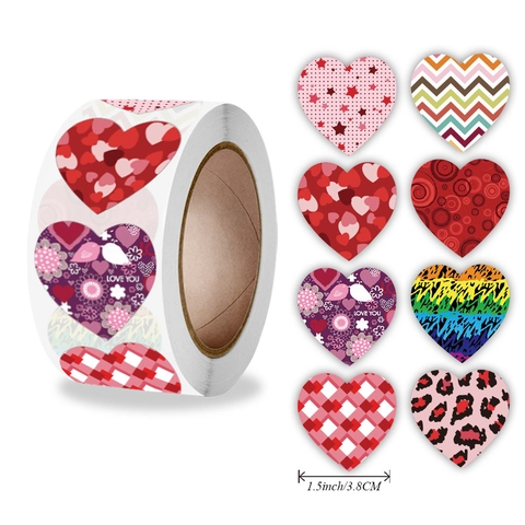 Rouleau Autocollants Saint Valentin Forme Cœur Motifs Léopard Écossais Love You Étiquettes pour Emballage Cadeau DIY Artisanat