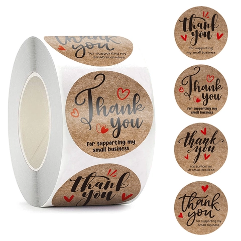 Étiquettes Autocollantes Thank You en Papier Kraft Forme Coeur Rond pour Petites Entreprises Mariage Fête Cadeau