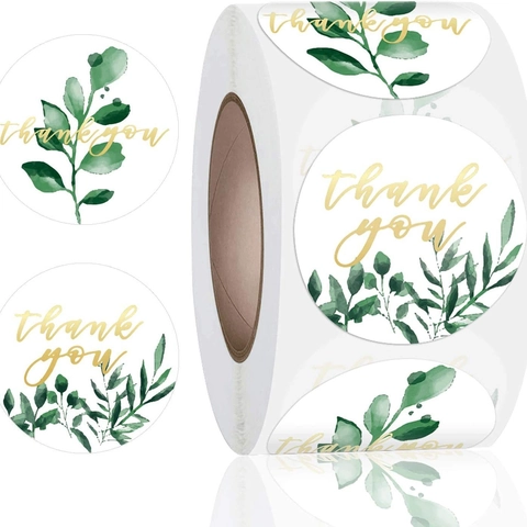 Tondi Foglie Verdi Foglia d'Oro Thank You Adesivi Acquerello Floreali Carta Kraft Scatola Regalo Busta Sigillo Etichette Matrimonio Festa