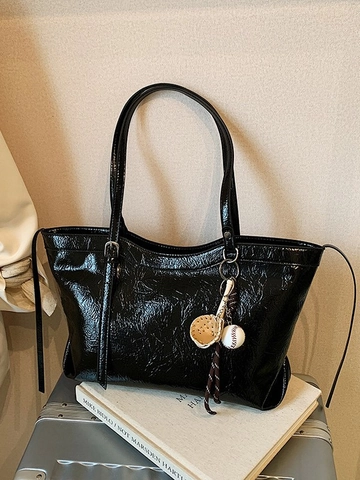 Women Retro PU Leather Large Capacity Tote Bag Crinkle Texture Shoulder Bag With Baseball Charm Versatile Commuter Handbag