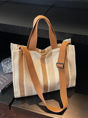 Sac Cabas en Toile Rayée de Grande Capacité Style Coréen pour Femmes Sac à Bandoulière Décontracté avec Sangle Réglable