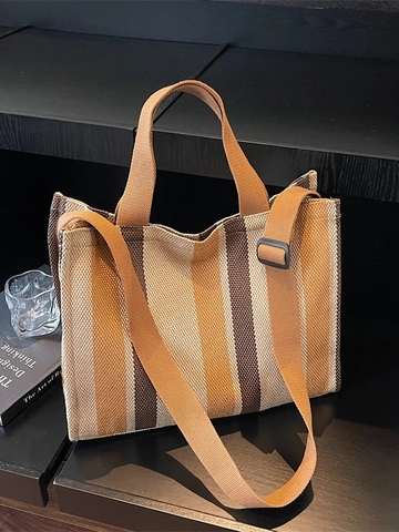 Sac Cabas en Toile Rayée de Grande Capacité Style Coréen pour Femmes Sac à Bandoulière Décontracté avec Sangle Réglable