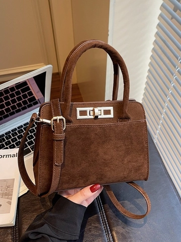 Vintage Suede Shoulder Bag For Women Fashion Small Square Handbag With Lock Closure Adjustable Strap Crossbody Tote Bag
