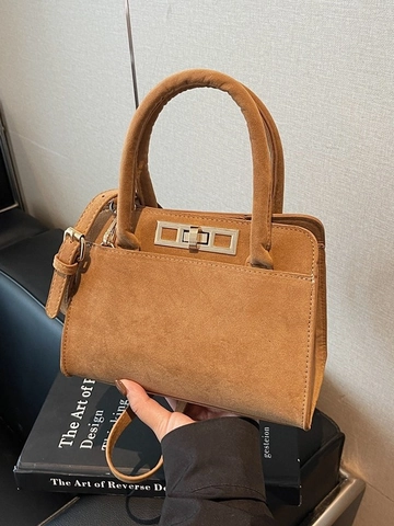 Vintage Suede Shoulder Bag For Women Fashion Small Square Handbag With Lock Closure Adjustable Strap Crossbody Tote Bag