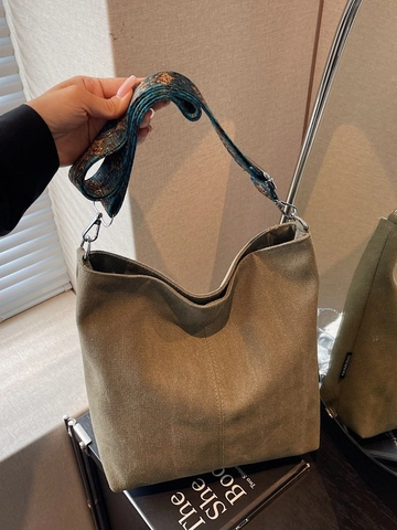 Large Capacity Canvas Bucket Bag For Women Fashion Wide Ethnic Strap Shoulder Bag Casual Crossbody Tote Handbag Daily