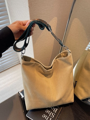 Large Capacity Canvas Bucket Bag For Women Fashion Wide Ethnic Strap Shoulder Bag Casual Crossbody Tote Handbag Daily