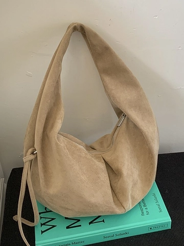 Women Large Capacity Faux Suede Hobo Bag Crescent Shaped Pleated Shoulder Bag Solid Color Leopard Print Underarm Tote Handbag