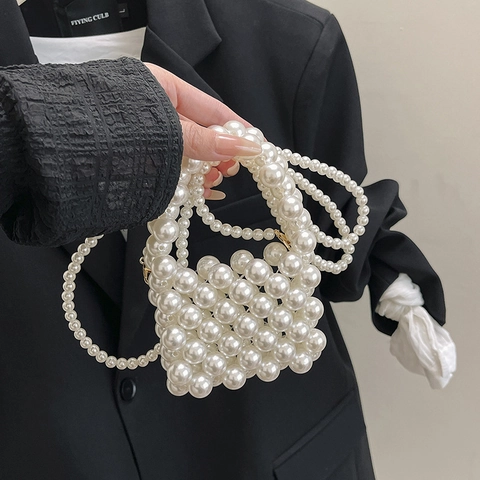 Elegante Bolso de Mano Mini de Perlas Artificiales Hecho a Mano para Mujer Vintage Blanco Bolso de Hombro Cuadrado Pequeño