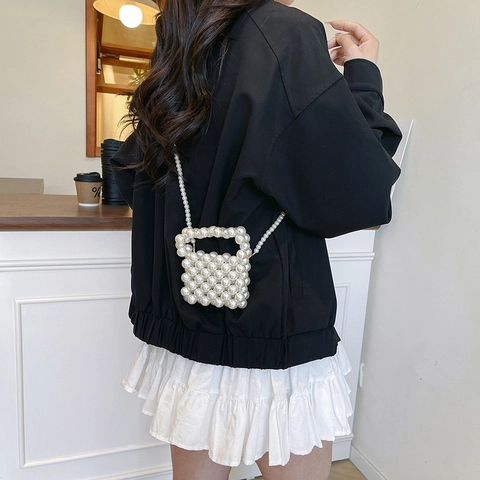 Elegante Bolso de Mano Mini de Perlas Artificiales Hecho a Mano para Mujer Vintage Blanco Bolso de Hombro Cuadrado Pequeño
