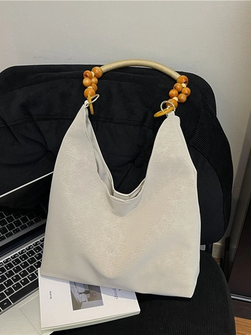 Vintage PU Leder Hobo Schultertasche Für Damen Große Kapazität Tote Bag Mit Holzperlen Dekoration Riemen Minimalistische Achselhandtasche