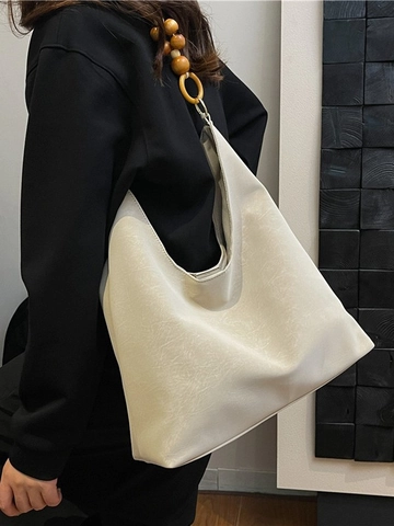 Vintage PU Leder Hobo Schultertasche Für Damen Große Kapazität Tote Bag Mit Holzperlen Dekoration Riemen Minimalistische Achselhandtasche
