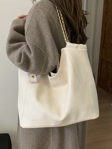 Große Kapazität Tote Bag PU Leder Metall Kette Riemen Minimalistisch Retro Pendler Schultertasche Für Damen