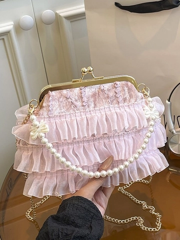 Damen Fee Spitze Cheongsam Handtasche Elegant Künstliche Perle Umhängetasche Ruched Mesh Bankett Clutch Tasche Mit Perlen Griff