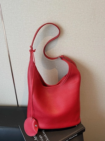 Sac Seau Rétro Femme en Cuir PU Grande Capacité Motif Litchi Sac à Bandoulière Hobo Sac à Main Avec Pendentif