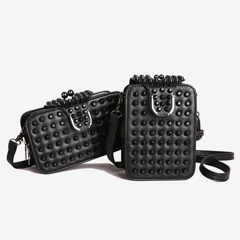 Damen Punk Nieten PU Leder Beuteltasche Gesteppte Besetzte Umhängetasche Mit Silberner Metallschnalle Trendige Rock Style Tasche