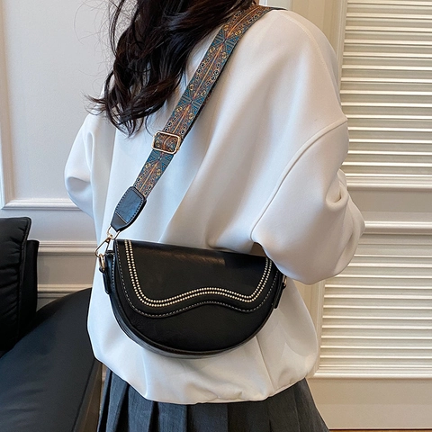 Bolso Bandolera de Cuero PU Vintage Para Mujer Con Correa Ancha Estampada Remaches Retro Bolso de Axila Cuadrado Pequeño