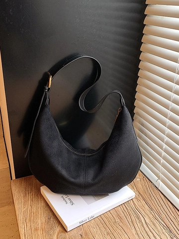 Vintage Suede Hobo Bag For Women Minimalist Crescent Shoulder Bag Solid Color Underarm Crossbody Bag With Adjustable Strap