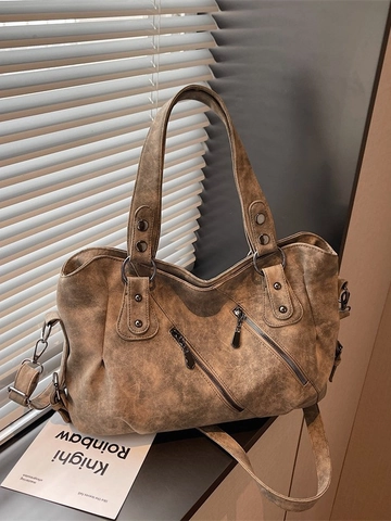 Borsa Shopping Donna Grande Capacità in Pelle PU Nuova Tendenza Retro Borchiata Cuciture Borsa a Spalla Versatile Viaggio Borsetta