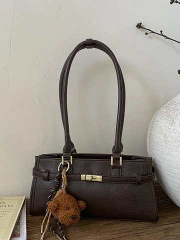 Retro PU Leather Tote Bag For Women Vintage Sophisticated Large Capacity Shoulder Bag With Bear Pendant Elegant Commute Bag