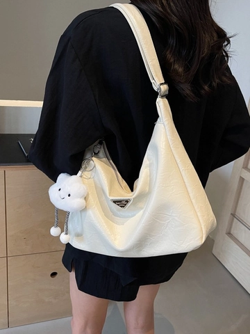 Women Large Capacity Wrinkled PU Leather Shoulder Bag Urban Minimalist Tote Crossbody Bag With Cloud Plush Pendant