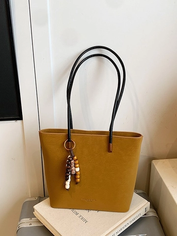Vintage PU Leather Large Capacity Tote Bag For Women With Beaded Pendant Fashion Commuting Shoulder Bag Solid Color Casual Handbag