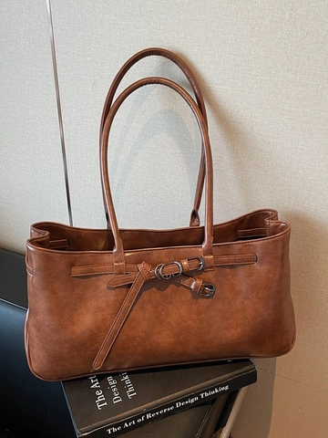 Große Kapazität Retro PU Leder Tote Bag Für Damen Minimalistische Gürtelschnalle Umhängetasche Casual Pendeln Handtasche Arbeitstasche