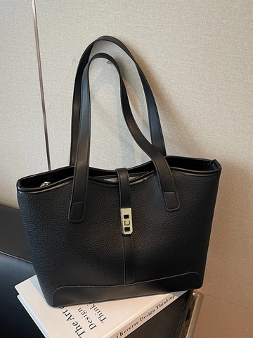 Borsa Tote Grande Capacità Trama Litchi in Pelle PU Borsa a Tracolla Pendolare Chiusura in Metallo Retro Casual