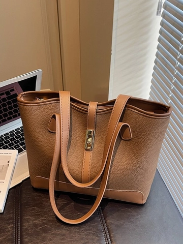 Borsa Tote Grande Capacità Trama Litchi in Pelle PU Borsa a Tracolla Pendolare Chiusura in Metallo Retro Casual