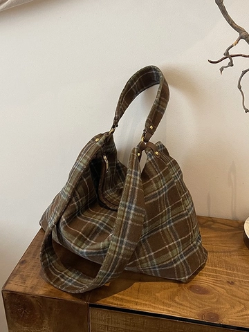 Borsa Tote in Lana Plaid Retrò per Donna Borsa a Tracolla a Quadri di Grande Capacità Borsa Hobo per Pendolari Autunno Inverno