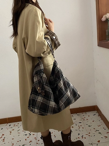 Borsa Tote in Lana Plaid Retrò per Donna Borsa a Tracolla a Quadri di Grande Capacità Borsa Hobo per Pendolari Autunno Inverno