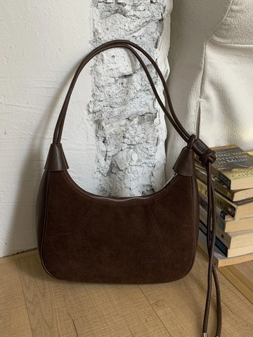 Women Vintage Suede PU Leather Hobo Bag Minimalist Half Moon Shoulder Bag Retro Splicing Axillary Bag With Knot Strap Fashion Handbag