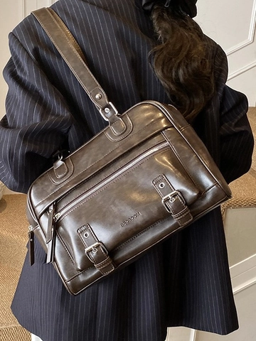 Borsa Tote in Pelle PU Vintage da Donna Grande Capacità Borsa a Tracolla Retro Pendolarismo Handbag Con Fibbia in Metallo