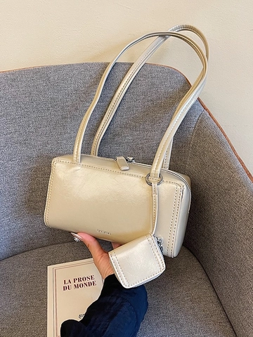 Minimalist PU Leather Underarm Shoulder Bag And Mini Coin Purse For Women Retro Solid Color Rectangular Satchel Handbag