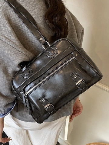 Borsa Tote in Pelle PU Vintage da Donna Grande Capacità Borsa a Tracolla Retro Pendolarismo Handbag Con Fibbia in Metallo
