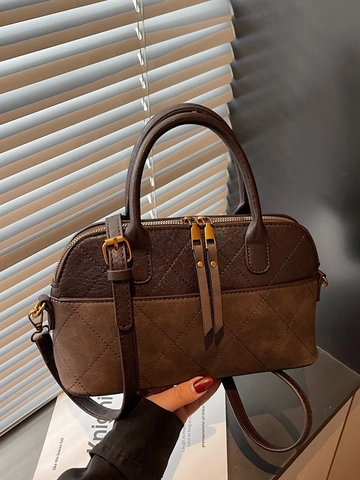 Damen Fashion Gesteppte Schultertasche PU Leder Handtasche Einfache Umhängetasche Muscheltasche Mit Goldenen Beschlägen Top Handle Satchel Tasche