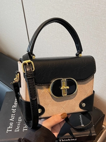 Vintage Splicing Square Bag For Women PU Suede Patchwork Quilted Crossbody Bag With Metal Lock Elegant Fashion Handbag