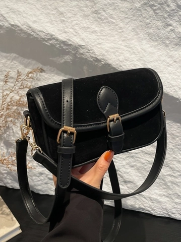 Vintage Frosted PU Suede Shoulder Bag For Women Street Fashion Splicing Crossbody Underarm Small Square Bag With Belt Buckle