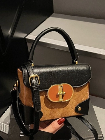 Vintage Splicing Square Bag For Women PU Suede Patchwork Quilted Crossbody Bag With Metal Lock Elegant Fashion Handbag
