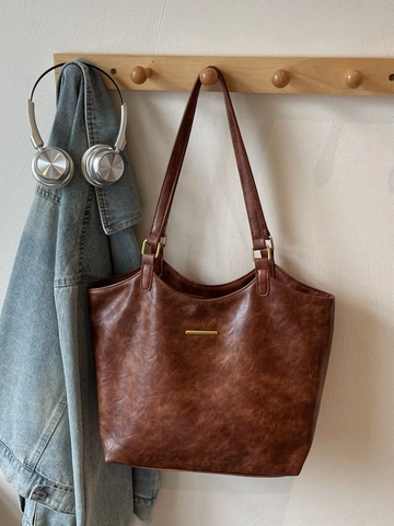 Borsa Tote da Donna in Pelle PU a Grande Capacità Texture Cera d'Olio Borsa a Tracolla Moda Ufficio Pendolare Oro