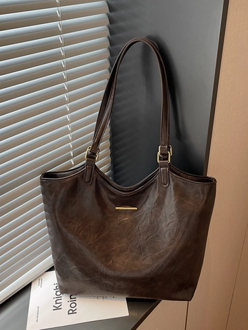 Borsa Tote da Donna in Pelle PU a Grande Capacità Texture Cera d'Olio Borsa a Tracolla Moda Ufficio Pendolare Oro