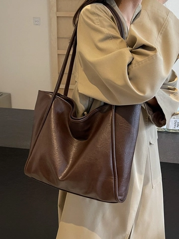 Large Capacity PU Leather Tote Bag For Women Minimalist Solid Color Shoulder Bag Versatile Office Travel Fashion Handbag