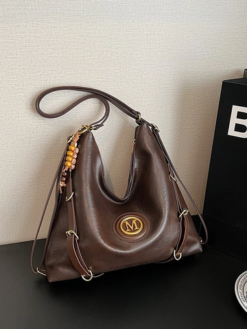 Vintage PU Leather Large Capacity Tote Bag With Beaded Charm Metallic M Logo Retro Shoulder Bag For Women Casual Commuting