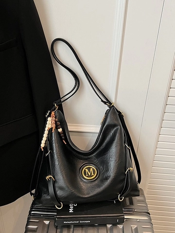 Vintage PU Leather Large Capacity Tote Bag With Beaded Charm Metallic M Logo Retro Shoulder Bag For Women Casual Commuting