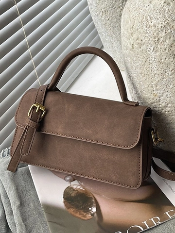 Damen Vintage Matt PU Leder Umhängetasche Mode Klappe Quadratische Schultertasche Mit Tragegriff Einfarbig Ranzen Handtasche