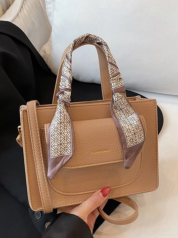 Women Lychee Texture PU Faux Leather Tote Bag With Scarf Decoration Detachable Shoulder Strap Fashion Crossbody Handbag For Daily Commuting